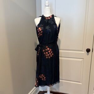 Reiss Navy and Coral Floral Midi Dress